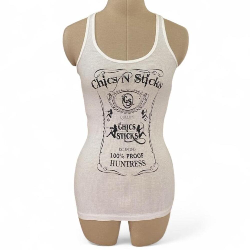 Wet Seal white graphic tank top with 'Chics N Sticks' print, size M